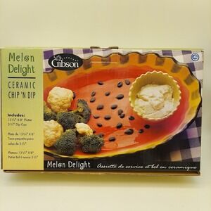 Gibson Melon Delight Ceramic Watermelon Chip 'n Dip Platter and Bowl Set